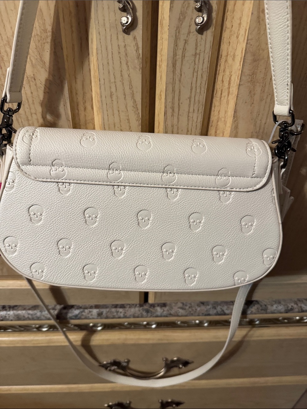 Women's White Embossed Skull Leather Crossbody or Shoulder Bag - Picture 9 of 11